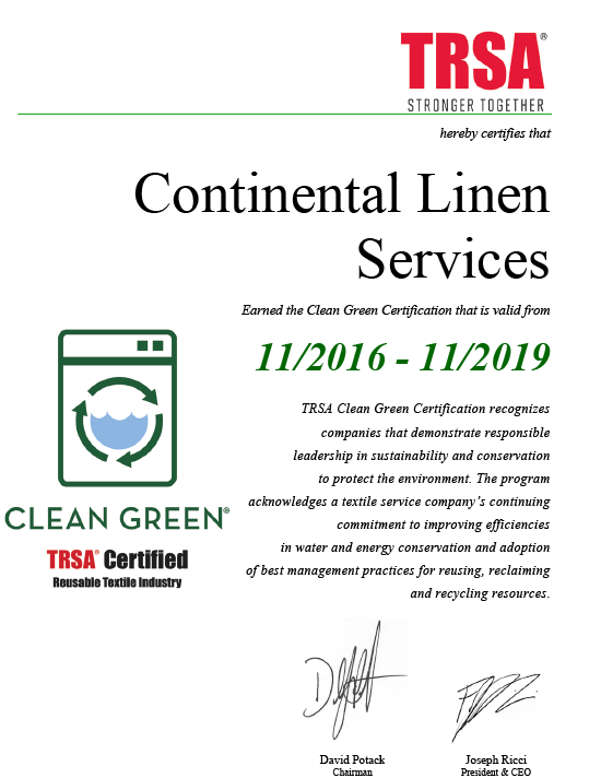 Continental Linen Service Clean Green Certification 2019
