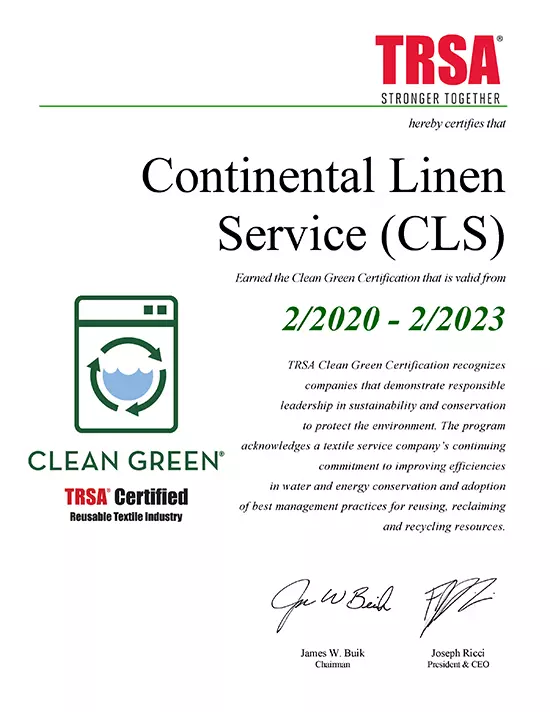 Continental Linen Service Clean Green Certification 2023